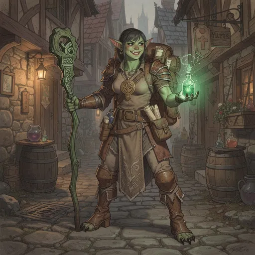 Prompt: imagine a fantasy painting of an slender  athletic build gorgeous green skinned female orc healer with a protective but intriately designed leather armour with rough fabric robes holding a green wooden staff in one hand and healing potion in the other. scrolls and potions in her pack. her eyes intense and ready for action. her tusks a bit threatening while se gives off a chamring smile. she is wearing sturdy leather heeled boots with open toes. the claws of her feet sticking out. standing  in an alley way of an fantasy town in anton pieck style streets. ready for action. a backpack on her back and an amulet of pallis the goddess of healing around her neck.