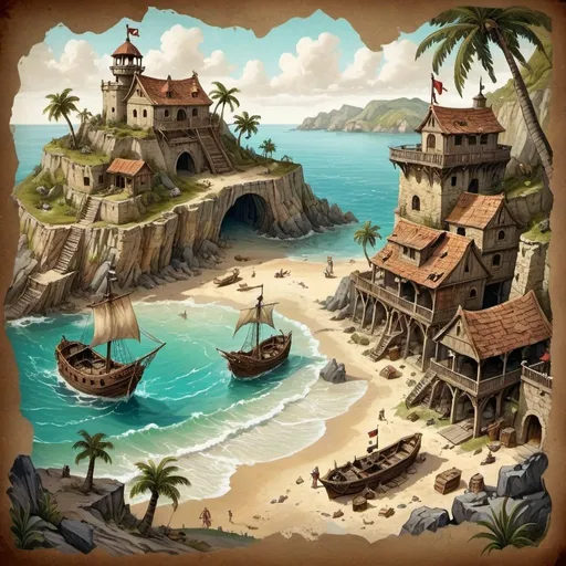 Prompt: Medieval fantasy painting of a secret pirate cove, DnD style, tropical beach, coastline, vintage paper, detailed line art, docks, houses made from shipwrecks, bustling market, weathered buildings, antique ships, intricate details, high quality,  vintage paper texture, detailed illustration, atmospheric style, birdseye view, fort ruines, Cliff, seacaves, driftwood, sea serpent