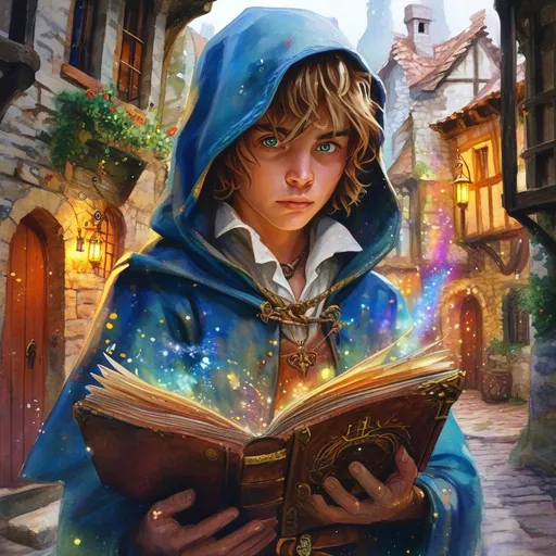 Prompt: (watercolor DnD character wizard's apprentice), spellbook, (spell illumination in the air), medieval fantasy, (small village setting), enchanting atmosphere, detailed expressions, vibrant and mystical colors, traditional attire, ancient spell symbols, light surrounding the spells, detailed stone and wood houses, lantern-lit pathways, magical aura, ultra-detailed, high quality, masterpiece, vivid and ethereal lights