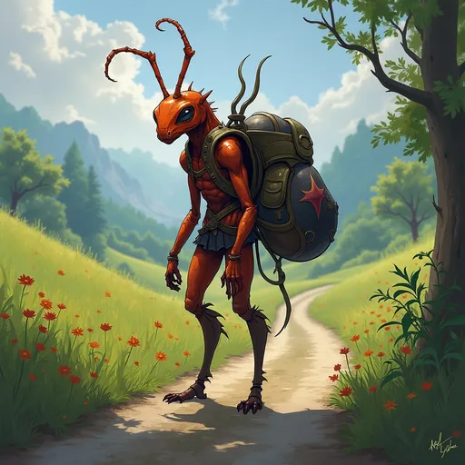 Prompt: Ant symbiosis (DND character adventurers), with striking ant-like features, (detailed carapace), standing confidently on a winding road surrounded by lush fields, (oversized backpack) slung over shoulder, medieval fantasy atmosphere, vibrant colors saturating the landscape, (dynamic angle), ethereal lighting casting dramatic shadows, presenting a heroic ambiance, ultra-detailed, imaginative narrative-driven scene.