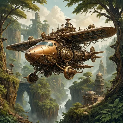 Prompt: (mechanical jachdaw) flying through lush, intricate trees, (steampunk) aesthetics intertwined with (futuristic) elements, rocky landscape dotted with unique vegetation, dynamic movement and energy captured in the scene, brilliant golden and copper hues contrasting with dark earthy tones, (oil painting) style, (ultra-detailed) textures creating an immersive atmosphere, evocative of adventure and exploration, rich contrast and depth.