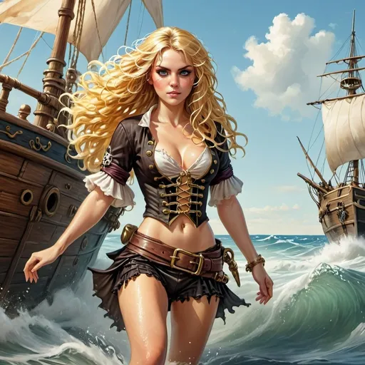 Prompt: Detailed full body summer blonde pirate babe in the water, flowing hair, beautiful face, ocean waves in the background, high quality, digital painting, old wooden ship in the background, vibrant colors, sunny beach setting, fierce look, detailed eyes, flowing fabric, beach, waves, summer, pirate, vibrant colors, detailed hair, bathing suit, professional, sunny lighting