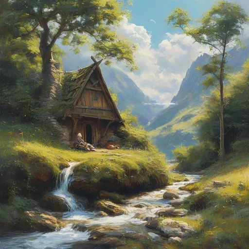 Prompt: (peaceful medieval fantasy hut), stone and wooden structure, nestled beneath large leafy tree branches, anton peick style oil painting, idyllic hilly flowing landscape, same lone trees surrounding, adventurer resting in the grass, charming little stream with stones and gentle falls, vibrant sunny day with glowing golden clouds, (ultra-detailed), rich colors, dreamy atmosphere, inviting nature scene, tranquil and serene ambiance.