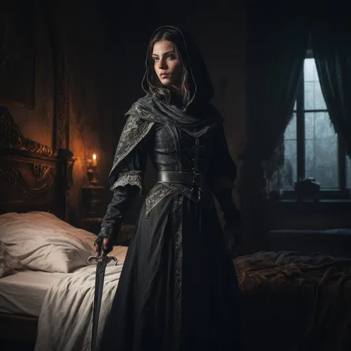 Prompt: photo realistic Medieval fantasy illustration of a skilled maid assassin, detailed flowing robes, victorian maid outfit, mysterious and stealthy demeanor, ready to strike, intricate magical dagger , high fantasy setting, mannerhouse, beside victims bed, silhouette in the background, detailed satin fabric with rich textures, piercing and determined gaze, enchanted migical illuminated dagger , best quality, high fantasy, detailed robes, assassin, medieval, skilled, stealthy, mysterious, determined gaze, professional, dark room, shadows