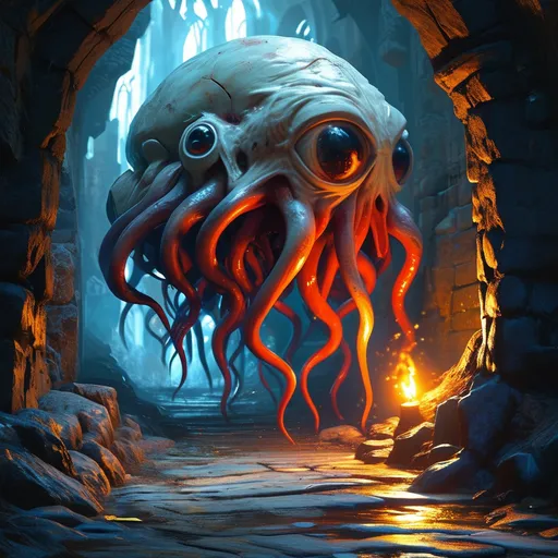 Prompt: (DnD beholder), (10 smaller eyestalks), (one big centre eye), dark dungeon setting, stone walls, eerie shadows, flickering torchlight casting ominous glows, high detail, dramatic lighting, atmospheric depth, (4K), intense and foreboding ambiance, mysterious textures and elements, captivating fantasy scene.