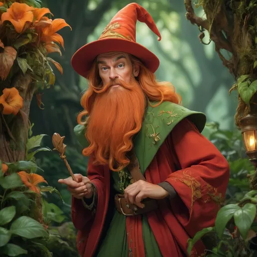 Prompt: (rincewind, Terry Pratchett character), 
 young apprentice wizard, orange beard, (overgrown) red gown, whimsical setting, lush greenery, vibrant colors, magical ambiance, expressive gesture, comedic posture, detailed fabric texture, enchanted atmosphere, overall fantasy theme, high quality, ultra-detailed, warm lighting, adventure vibes, dynamic composition.