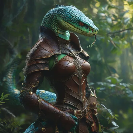 Prompt: humanoid snake hybrid, blue and green scales, medieval fantasy setting, dynamic pose, wearing intricate leather armor, scales glistening under soft light, vibrant green foliage in the background, whimsical atmosphere, fantastical elements around her, high-quality illustration, mystical ambiance, nature entwined with armor, (Dramatic color contrast).