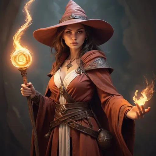 Prompt: hyper-realistic female sorcerer character with a staff, fantasy character art, illustration, dnd, warm tone
