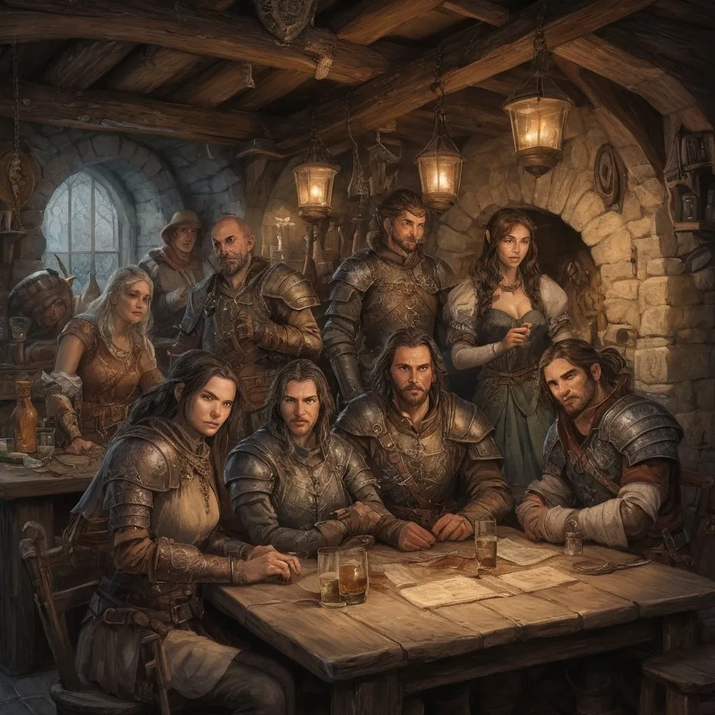 Prompt: anton pieck-style tavern with DnD adventurer characters ,medieval fantasy, high detail faces, mix race of  dragon x elf, oil painting,  high-quality,   professional lighting, ultra-detailed, dignified stance,  professional lighting