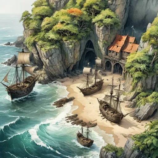 Prompt: (watercolor illustration) aerial view of a pirate beach, stranded ships among rocky shores, (medieval fantasy) epic battle scene with fierce monsters, hidden pirate hideouts in lush greenery, dynamic and vibrant colors, dramatic lighting and shadows, waves crashing against the shore, intense atmosphere reminiscent of a D&D adventure, inspired by Justin Gerard's enchanting style, (ultra-detailed, high quality).