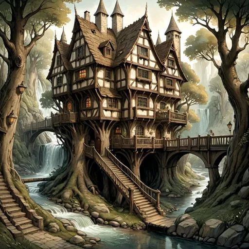 Prompt: Anton Pieck style illustration of a large multistory medieval fantasy treehouse tavern, large continuous tree, leafy roof, inviting entrance with bridge, connected paths, in a wild forrest, flowing stream, waterfall, vintage paper texture, intricate line work, high detail, mystical atmosphere, warm and nostalgic tones, soft lighting, high quality, warm window lighting