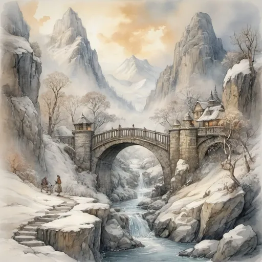 Prompt: Anton Pieck style, medieval fantasy watercolor mountain landscape, winter, snow and ice, Wild water river, waterfalls, Bridge, detailed stone, mysterious, foggy, sweeping golden clouds, professional quality, 