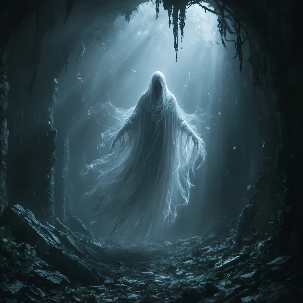 Prompt: (spooky ghost), floating in ancient ruins, (medieval fantasy setting), ethereal and translucent spectre, eerie atmosphere, dimly lit environment with rays of moonlight filtering through debris, mystical shadows, high detail, enchanting yet somber ambiance, (delicate wisps of mist), profound depth, captivating visual narrative.