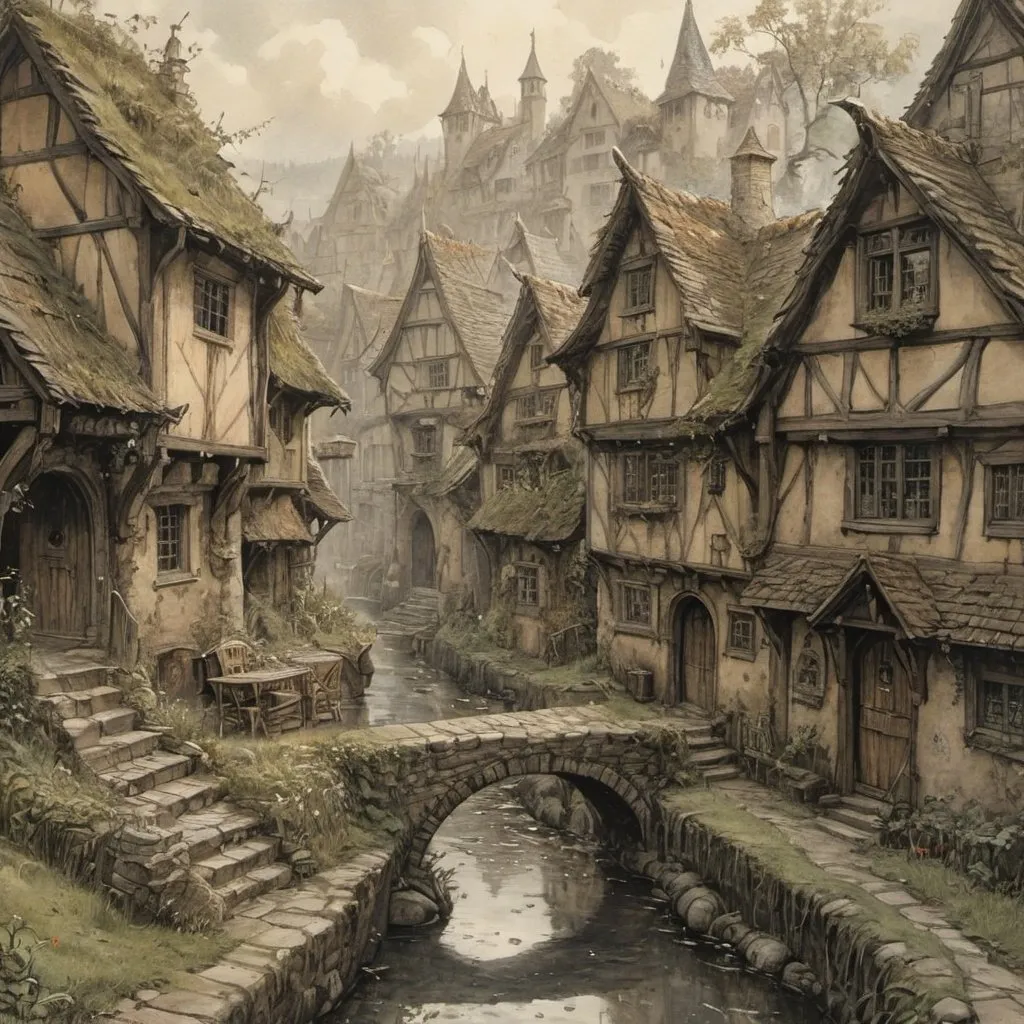 Prompt: Anton Pieck-style top down ink painting of a quint medieval fantasy country village, morning lighting, foggy atmosphere, mornign dew, overgrown ruins, stream, homely, old time charm, detailed brushwork, country carm,  rustic, old world charm, oil painting, dark tones, medieval, detailed ruins, foggy setting,  atmospheric lighting, ravens