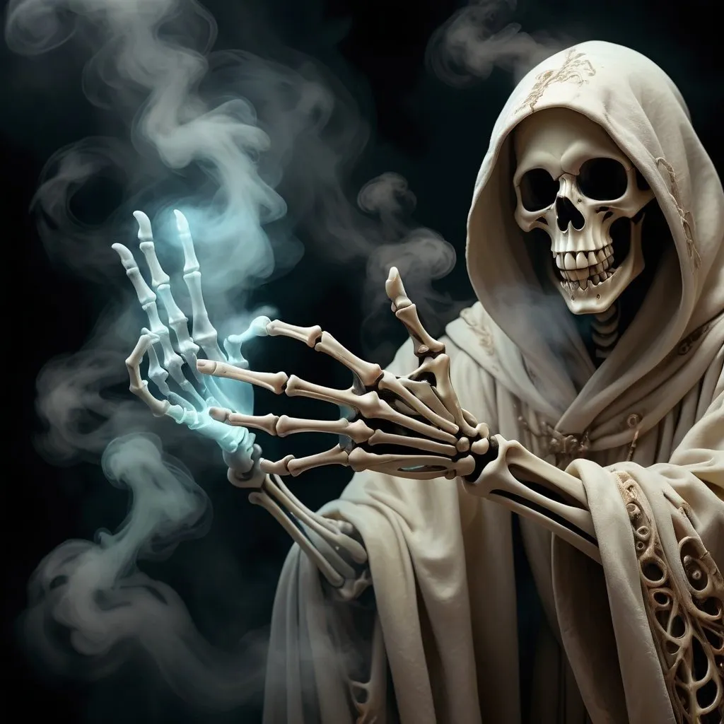 Prompt: Sinister, skeletal hand reaching towards the screen, grabbing, surrounded by illuminated magic fog, dark tones, high quality, ivory style, detailed, eerie, robes, mysterious, illuminated magical swirls, mystical, sinister theme, skeletal, hand of death, creepy, magical, bone structure, haunting