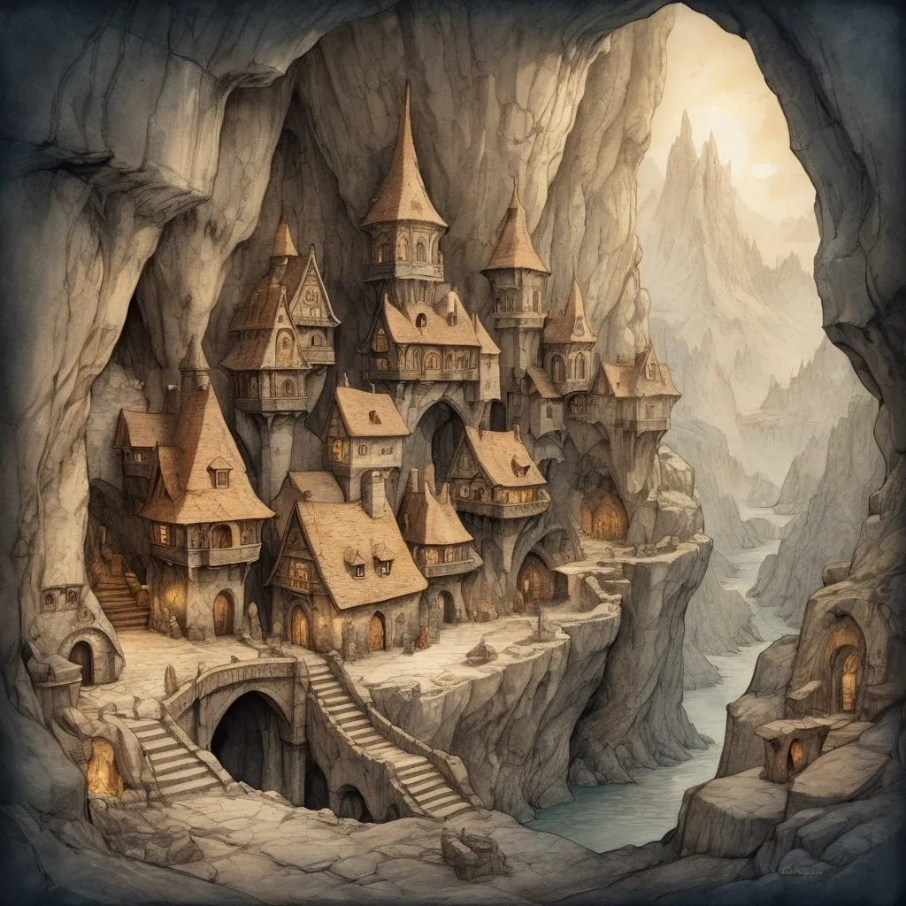 Prompt: Anton Pieck style illustration of an dwarven medieval fantasy city in the mountaincaves, in the cave, vintage paper texture, intricate line work, high detail, intrinsic stone measonry,  mystical atmosphere, warm and nostalgic tones, soft lighting, high quality, magical artifacts, nostalgic, warm tones, soft lighting, rough stone structures