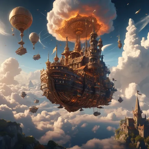 Prompt: (skydock high in the clouds with flying ships), ships with wings, medieval fantasy, soft glowing lights, space-inspired elements, ultra-detailed, intricate designs, majestic, sense of wonder and adventure,  floating clouds, fantasy environment, high resolution, 4K, vibrant colors, cinematic masterpiece, captivating and awe-inspiring atmosphere.