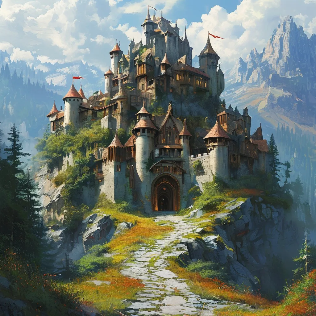 Prompt: (fantasy dungeon on a hilltop), medieval fantasy style, epic entrance, surrounded by (majestic mountains) in the background, serious atmosphere,  (natural colors), whimsical architecture,  high-quality scenery, (4K ultra-detailed), painting justin gerard style