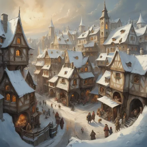 Prompt: Oil painting of an (medieval fantasy town in winter), inspired by Anton Pieck style, (rich in detail), charming houses with intricately designed facades, snow-covered rooftops, bustling market crowded with lively characters, magical spells in the air,  on the coast with ships in the ice,  warm sun beams breaking through soft winter clouds, creating a serene and magical ambiance, mountains in the background, ( vibrant colors) for a captivating and nostalgic scene.