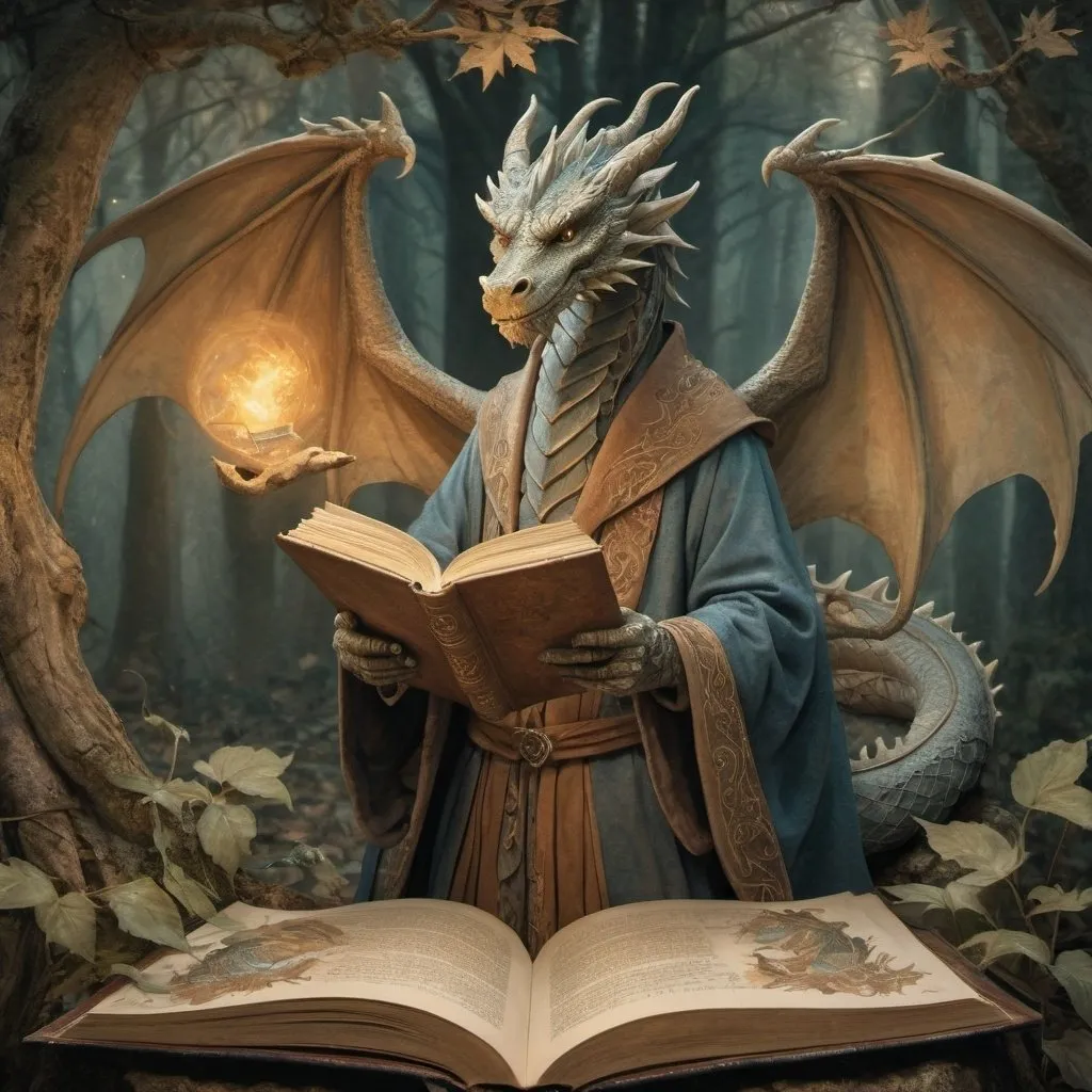 Prompt: Anton Pieck style illustration of a magnificent dragon sorcerer in enchanted woods, anchient magical tome  floating in the air, two wings, romantic lighting, vintage paper texture, detailed dragon scales and ancient wizard's robe, highres, vintage, detailed, romantic, enchanting, magical, traditional illustration, warm tones, atmospheric lighting