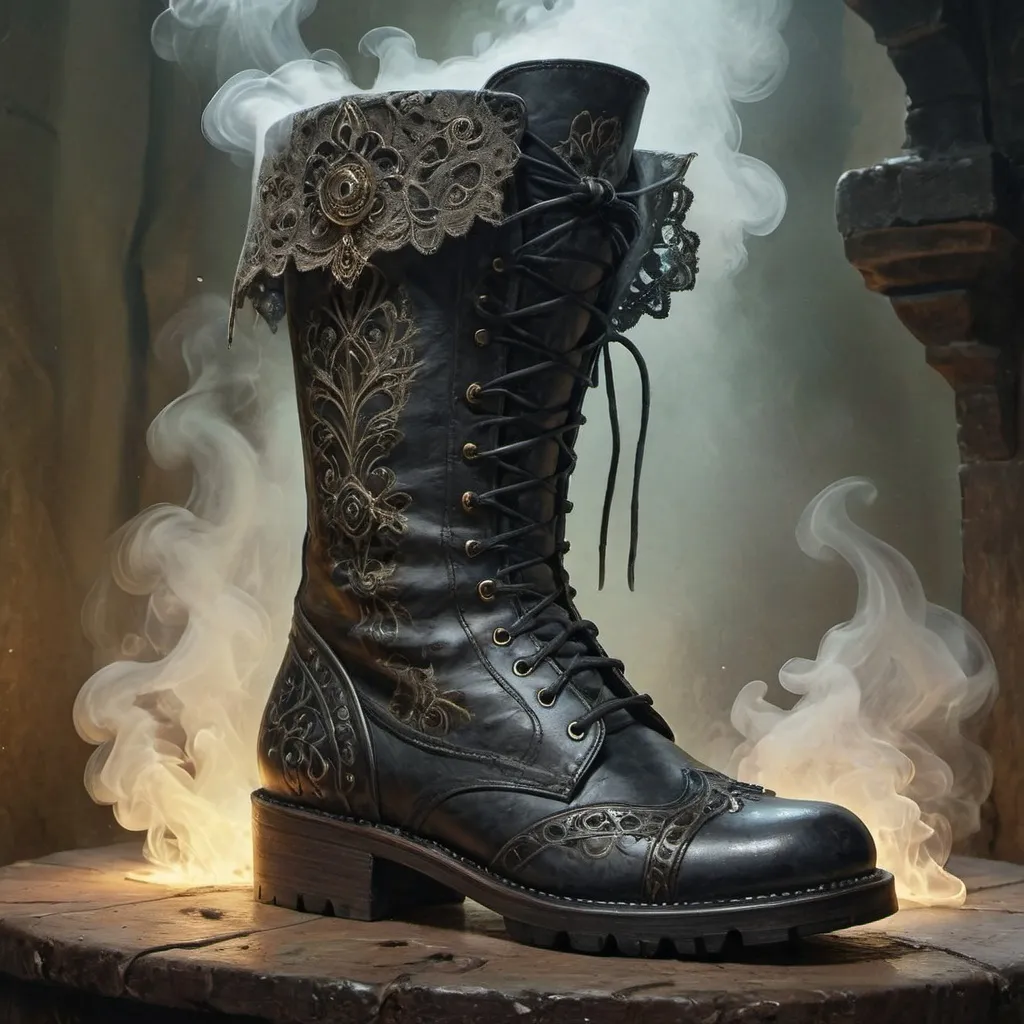 Prompt: (anton peak-style) oil painting , stand alone, (armorplated lace leather night prawler boots) covered in smoke and shadow, stylish medieval fantasy, (enchanted boots), magical illuminating smoke, intricate detailing, 
 magical glow, backgrounds of mystical forests, warm jewel tones, soft lighting effects, whimsical ambiance, high-quality 4K resolution, ultra-detailed texture, fantastical elegance.