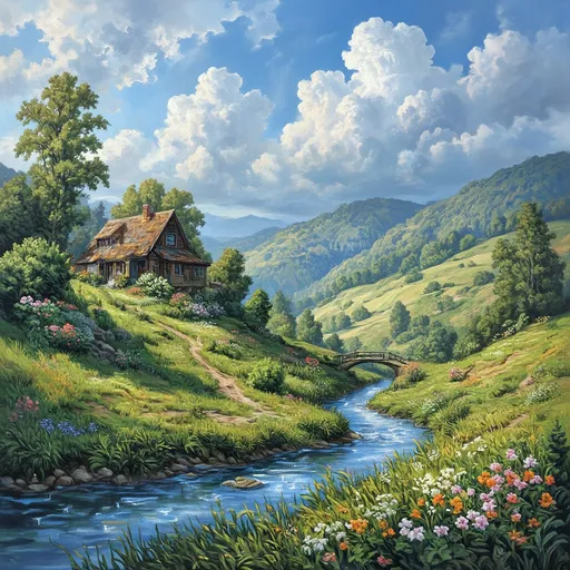 Prompt: (Old medieval fantasy Russian landscape painting), vibrant summertime colors, rolling green hills, blossoming wildflowers, serene river glistening under sunlight, quaint wooden cottages nestled among trees, small riover crossing, (lush textures) depicting rustic charm, atmospheric clouds in a bright blue sky, painterly style, (highly detailed), radiant and enchanting ambiance, captured essence of nature's tranquility, art evokes nostalgia and peaceful reflection.