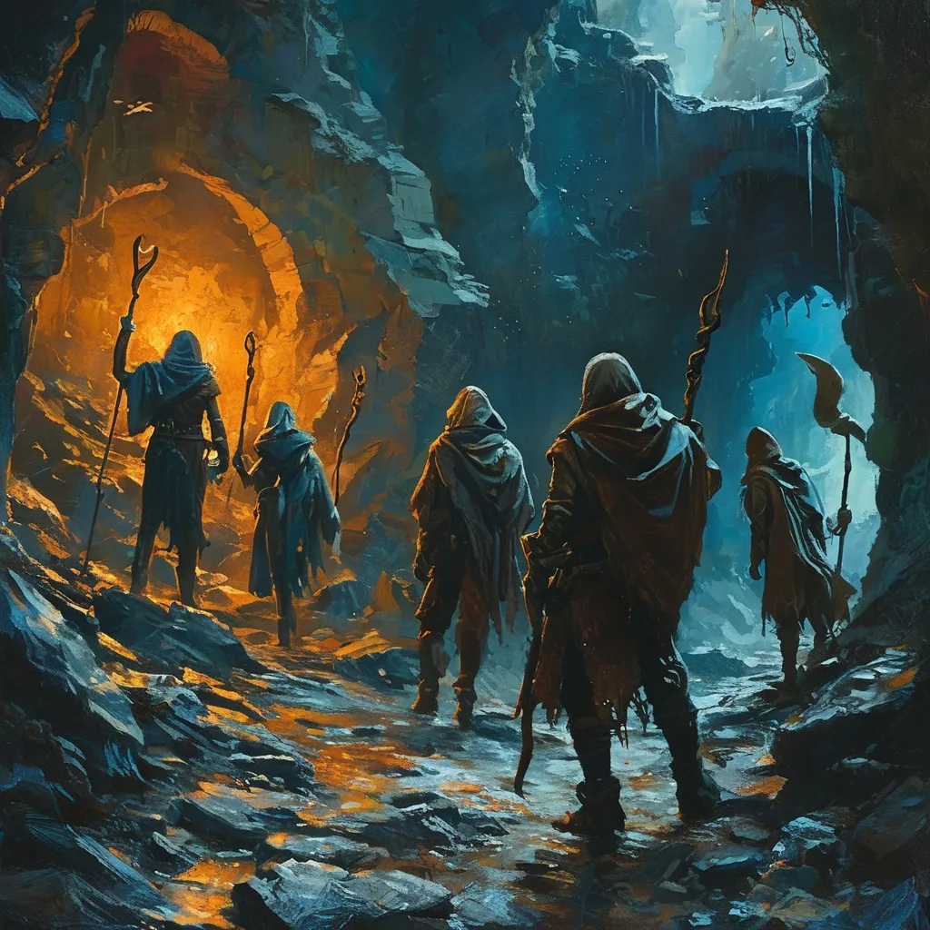 Prompt: (treasure hunting in a dungeon), (oil painting), (Anton Pieck style), group of adventurers, dark shadows, mystical ambiance, magical light emitting from staff, arcane spells swirling, mythical monsters lurking, rich colors, gloomy yet vivid atmosphere, 4K ultra-detailed, depth of field, encapsulating adventure and mystery.