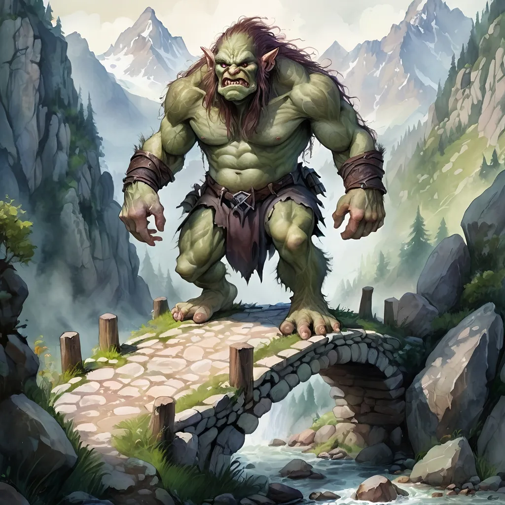 Prompt: Watercolor painting of a menacing bridge troll, medieval fantasy, DND character, mountainous landscape, detailed troll features,  cobble stone road, mystical atmosphere, high quality, watercolor, fantasy, medieval, detailed troll, mountain landscape, menacing, rugged stone bridge, mystical atmosphere, professional, atmospheric lighting