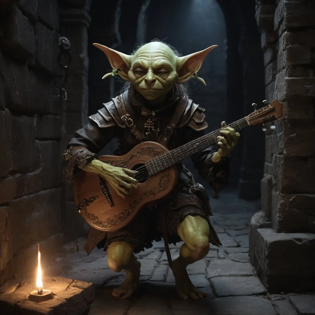 Prompt: photo realistic full body, femle goblin DnD character exploring a dungeon, bard, instrument ,glowing music notes, oil painting, sharp lines, detailed face, perfect face, , victorian style bard outfit, detailed, high quality, dark tones, danger lurking in the shadows, elaborate explorer gear, ancient glowing runes, mysterious atmosphere, old world charm, 