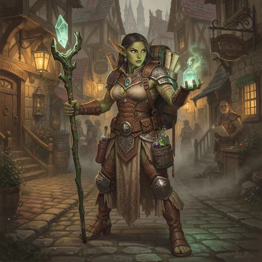 Prompt: imagine a fantasy painting of an athletic build gorgeous green skinned female orc healer with a protective but intriately designed leather armour with rough fabric robes holding a green wooden staff in one hand and healing potion in the other. scrolls and potions in her pack. her eyes intense and ready for action. she is wearing sturdy leather heeled boots with open toes. the claws of her feet sticking out. standing  in an alley way of an fantasy town in anton pieck style streets. ready for action. a backpack on her back and an amulet ofpallis the goddess of healing around her neck.