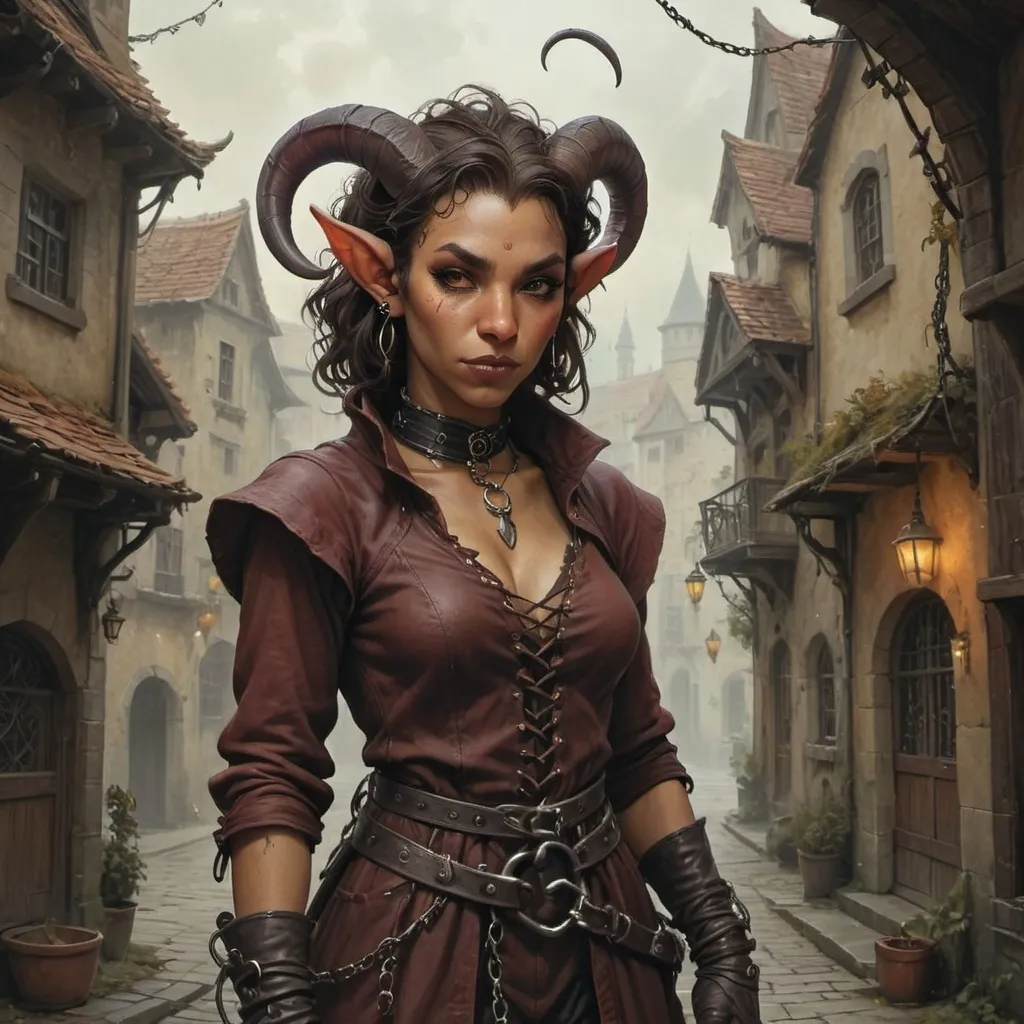 Prompt: (depiction of a captured  chained and shackled tiefling woman DnD), beiing sold on the marked, nostalgic (Anton Pieck-inspired architecture) in the background, torn clothing, showcasing whimsical details, charming warm tones, and rich textures, a fantasy ambiance, enchantingly detailed, evoking a sense of wistful beauty, high-quality (4K), ultra-detailed, magical atmosphere.