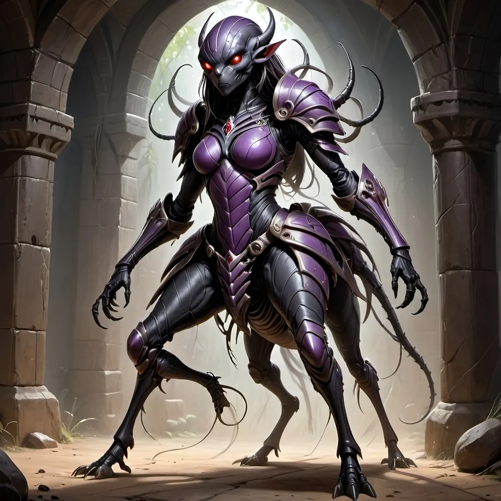 Prompt: full body, humanoid supported by arachnit legs attached to a cephalathorax, fantasy illustration, drider, high quality, dark fantasy,  streamlined body wearing detailed armor, detailed, arachnit eyes, professional, beautiful female face, atmospheric lighting, detailed anatomy, adventurers dungeon setting