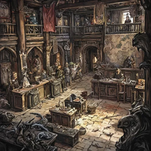 Prompt: Medieval fantasy adventurers guild, Anton Pieck style, (rustic wooden interior), large open rustic bank like rooms, (high security deposit counters with gates and tellers), DND characters, (large Quest board), chairs and tables with food, highly detailed room, monster parts laying around, ambient warm lighting, maps and hunting trofees on the wall, detailed shadows, banners hanging from the ceiling, intricate woodwork, scattered adventurers' gear, cozy yet bustling vibe, various weapons displayed, (ultra-detailed),