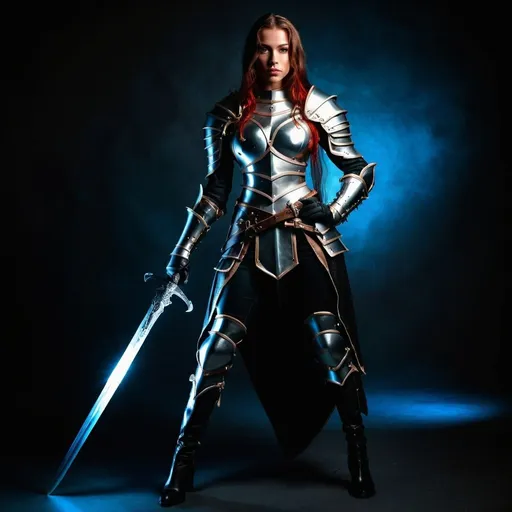 Prompt: gorgeous woman in DnD character, full body, full leather armor, medieval fantasy, holding a glowing sword,  high-quality, leather boots, leather gloves, posing, straight hair, striking pose,  professional lighting, ultra-detailed, dignified stance,  professional lighting