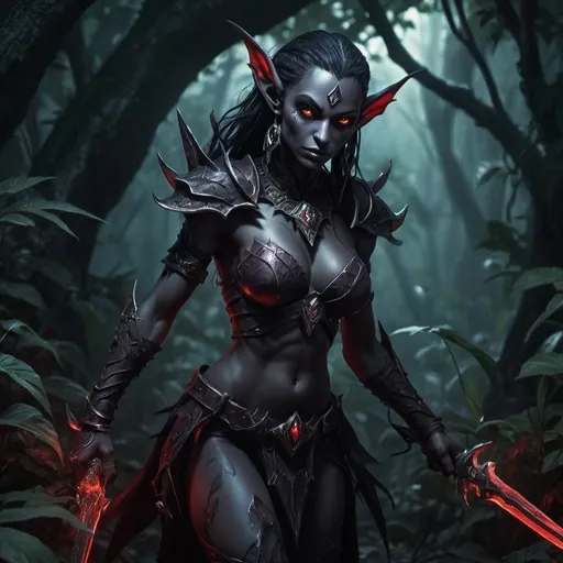 Prompt: (stunningly beautiful, wild dark elf), in ambush, (WoW style), dark moonlit night, red glowing eyes, jungle setting, intricate shadow details, vibrant foliage, daggers, mystical ambiance, cool tones, dramatic lighting, high contrast, ultra-detailed character, powerful stance, enchanting atmosphere, rich textures, depth of field, immersive surroundings, high quality