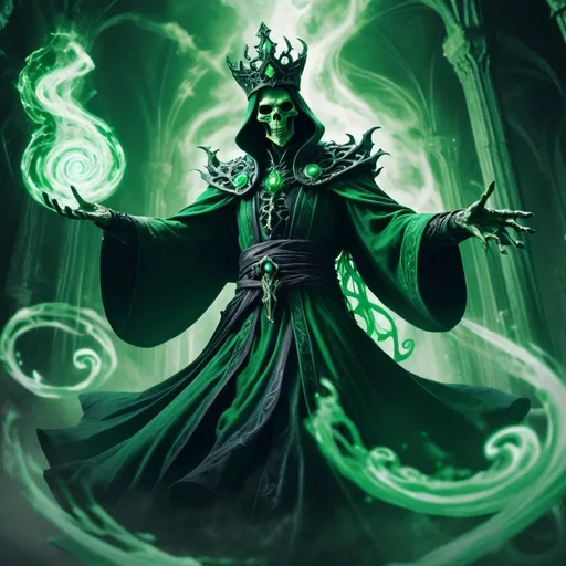Prompt: Sinister DnD character Lich hovering in the air battling heroes, robes, dark castle, magical swirls, green tints, intense aura, high contrast, fantasy, highres, detailed, sinister, magical, dark castle, battle, DnD, green tones, swirling magic, intense lighting