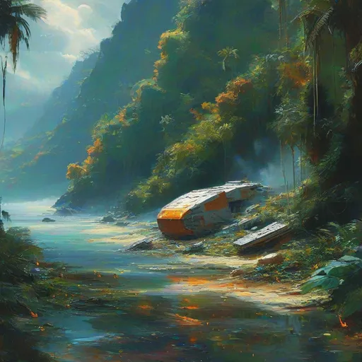 Prompt: (captured scene of a crashed space cargo ship), (lush jungle background), (dramatic cliffs), (shimmering water), (small patches of flickering fire), oil painting style, vibrant colors, plant rising on the horizon, rich textures, contrasting warmth of flames against cool jungle greens, atmospheric depth, high detail, creating a sense of adventure and mystery.