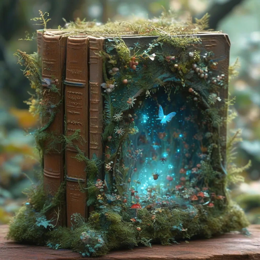 Prompt: Magic fairy tale tome in a dungeon, pages sprouting an enchanted forest teeming with mystic flora and fauna,  pulsates with magic and wonder, volumetric light emanating softly, with a whimsical yet profoundly cinematic quality.