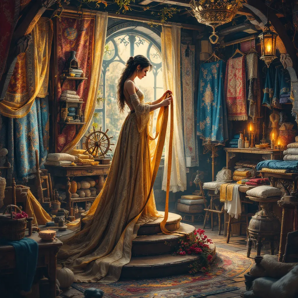 Prompt: digital art, woman on pedestal, seamstress measuring fabrics, medieval fantasy clothing shop, intricate textile patterns, rich colors, warm ambient lighting, vintage sewing tools, detailed wooden shelves, enchanting atmosphere, cozy vibe, high quality, ultra-detailed, artistic representation of craftsmanship and creativity in fashion design.