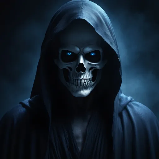 Prompt: (modern grim reaper), (blue illuminating eyes), dark and eerie, high contrast, deep shadows, glowing blue accents, dark, misty background, haunting atmosphere, dramatic lighting, photorealistic, ultra-detailed, 4K, cinematic quality