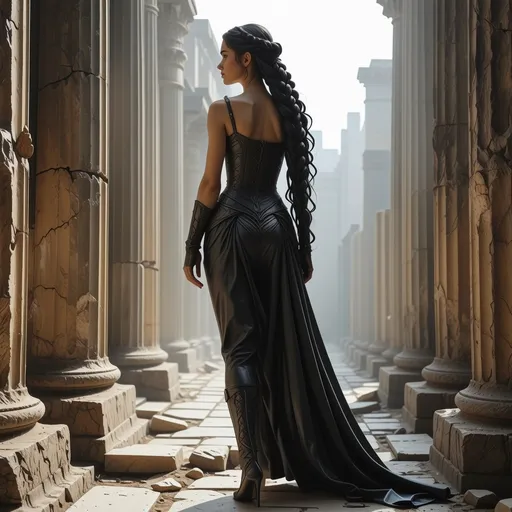 Prompt: realistc, Full body marble statue, (Hot mistress), long braided hair, gorgeous strong face, long leather medieval fantasy dress, with straps and lace, stunning high heels, dominant stance, looking over shoulder, set between ancient ruins, magical spells in the air