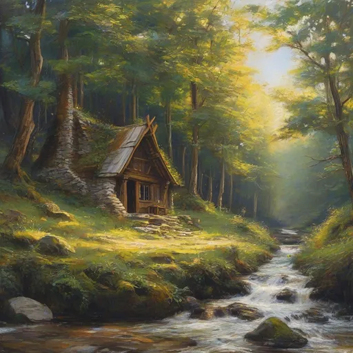 Prompt: (peaceful medieval hut), stone and wooden structure, nestled beneath large leafy tree branches, anton peick style oil painting, idyllic hilly flowing landscape, same lone trees surrounding, adventurer resting in the grass, charming little stream with stones and gentle falls, vibrant sunny day with glowing golden clouds, (ultra-detailed), rich colors, dreamy atmosphere, inviting nature scene, tranquil and serene ambiance.