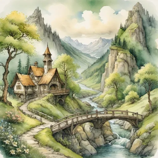 Prompt: Anton Pieck style, medieval fantasy watercolor mountain landscape, valleys and ridges, trees, alm with animals, connected roads, spring, forrest, Wild river, waterfalls, lake, wooden Bridge, mysterious, sweeping golden clouds, professional quality, tranquillity, flowering, flowers, fresh green, deep green, lush