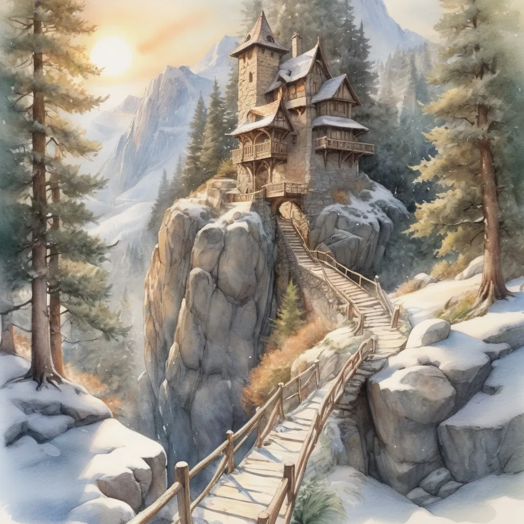 Prompt: (large cozy mountain estate), small tower, valley view, medieval fantasy style, pencil watercolor painting, (winterscene), mountainous landscape, hanging bridge, (rocky paths), snow-covered pine trees, low sun casting warm light beams, serene atmosphere, soft shadows and highlights, (ultra-detailed), enchanting and inviting vibe, natural textures of snow and wood, whimsical elements in the surroundings.