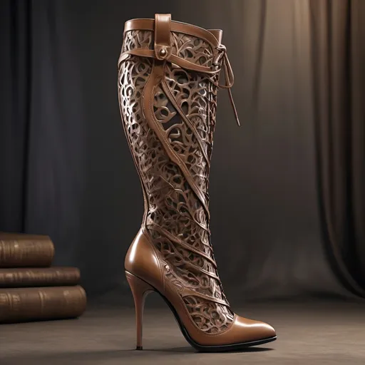 Prompt: (glossy highly detailed high heel calf high leather adventure boots), flowing curves, see trough mesh elements, open designe medieval fantasy, (elegant design), luxurious finish, soft reflections, skintight fit,  dynamic angles, captivating visual appeal, (ultra-detailed), warm lighting, immersive atmosphere