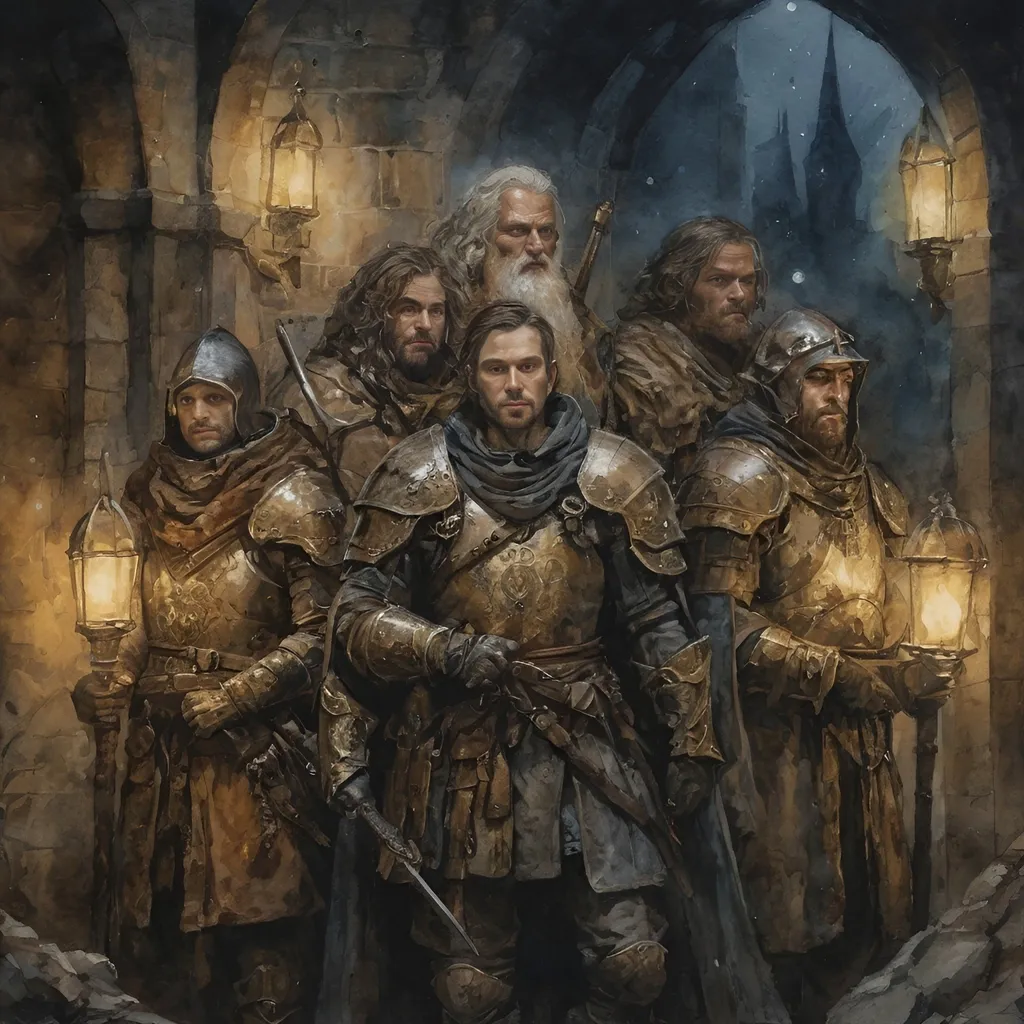 Prompt: realistic watercolor painting of fantasy style night watch, dnd Characters, earthy tones, darkness, magic light,  high qualtiy faces, highly detailed, expediton gear, atmospheric lighting, high quality, encaustic painting, gold,  earthy tones, detailed, medieval fantasy, darkness, atmospheric lighting