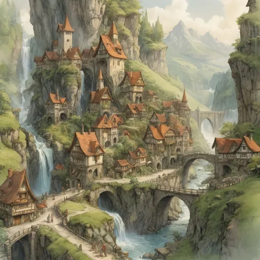 Prompt: realistic water color painting of a  distand Anton Pieck-style elf town of quaint elegant nature inspired towers and spires, lush green, sharp lines, giant trees, crowds on the road, cascading waterfall, a flowing stream, high quallity, connected paths, high resolution, detailed, wood bridge, majestic mountains in the background, castle in the background, detailed and vibrant, high quality, Anton Pieck style, elf village, nostalgic, warm tones, lush green fields, cascading waterfall,