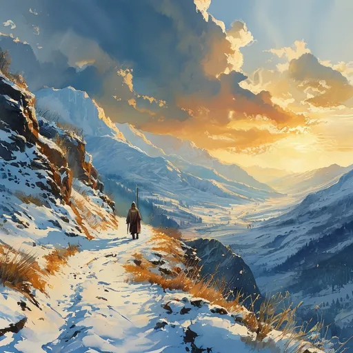 Prompt: (anton pieck style watercolor painting), mountain path in the snow, over the ridges of high mountains, (glorious wide view), golden sunbaked clouds, sunny winter day, lone traveler, medieval fantasy, serene atmosphere, intricate details of snow, vibrant yet warm color tones, captivating lighting, immersive depth, tranquil and enchanting scene, (4K ultra-detailed) quality.