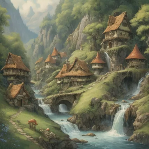 Prompt: Oil painting of an Anton Pieck-style elf village, quaint tree and mushroom houses, lush green fields, forest edge, cascading waterfall in a stream, majestic mountains in the background, townscape, detailed and vibrant, high quality, oil painting, Anton Pieck style, elf village, lush green fields, cascading waterfall, mountains, quaint tree houses, mushroom houses