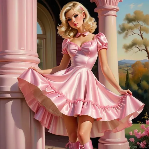 Prompt: Hot blonde girl in a sissy satin A-line dress, oil painting, detailed features, high quality, professional, elegant, satin finish, detailed facial features, flowing fabric, warm and soft lighting, oil painting, pink tones, fully body, high heels, boots, out doors
